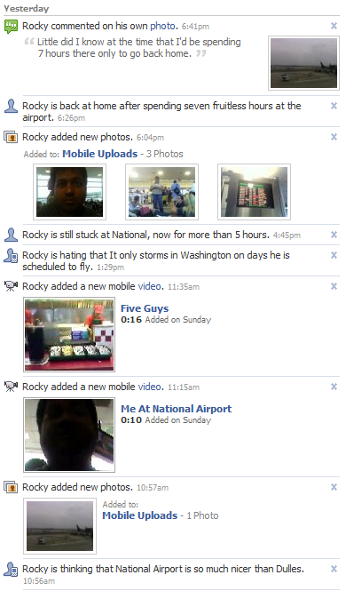 My fruitless trip to DCA, as recorded on Facebook