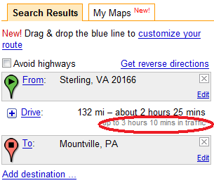 Google Maps shows estimated time in traffic