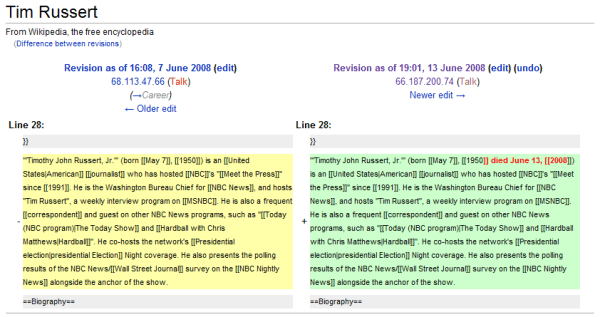 Wikipedia screenshot of Russert\'s entry